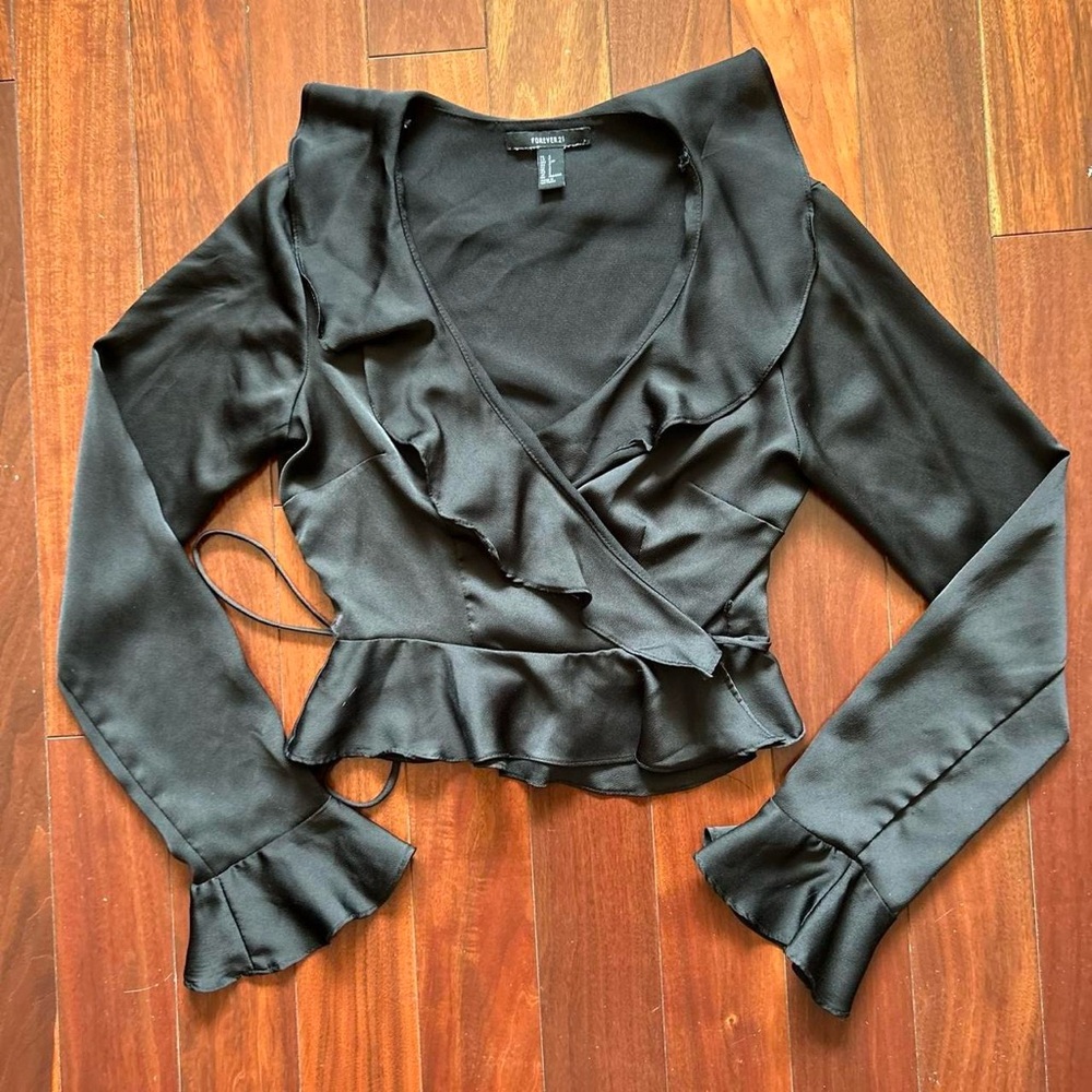 Forever 21 Black Ruffled Wrap Blouse